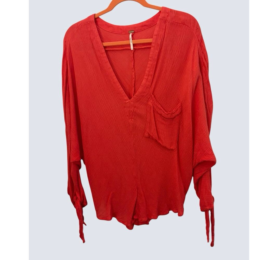 Free People Coral Long Sleeve Shirt Top Sz L Deep V-neck Tie Cuff Accent Boho